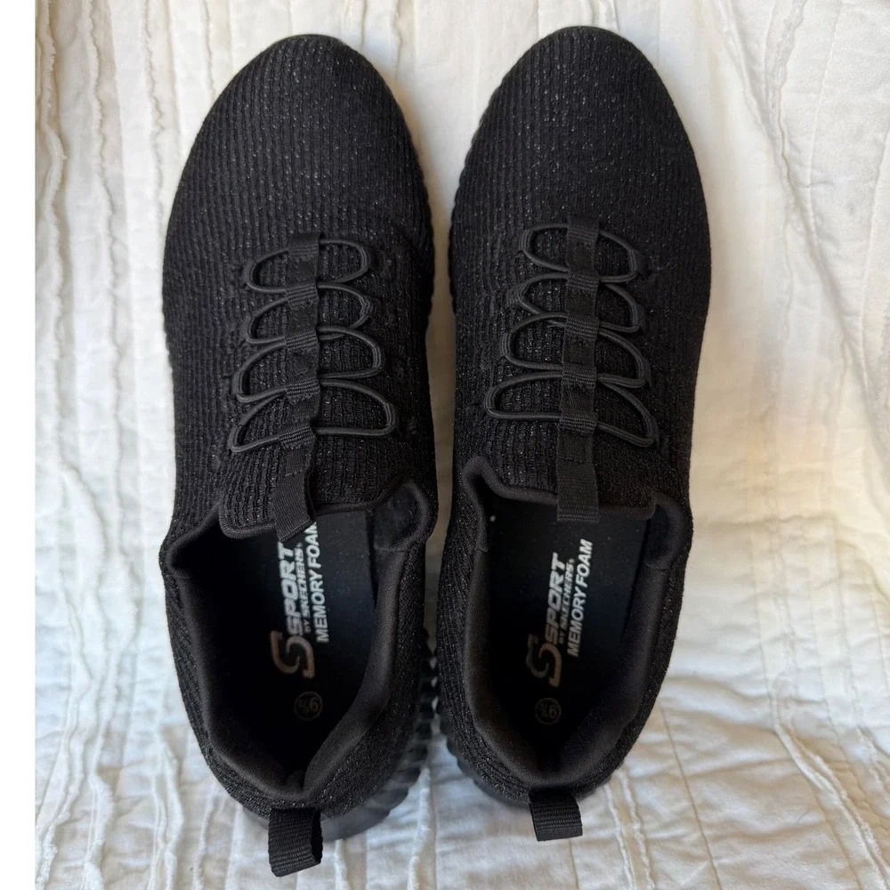 S Sport by Skechers Slip On Sneaker Black Shimmer Knit Memory Foam Womens 9.5